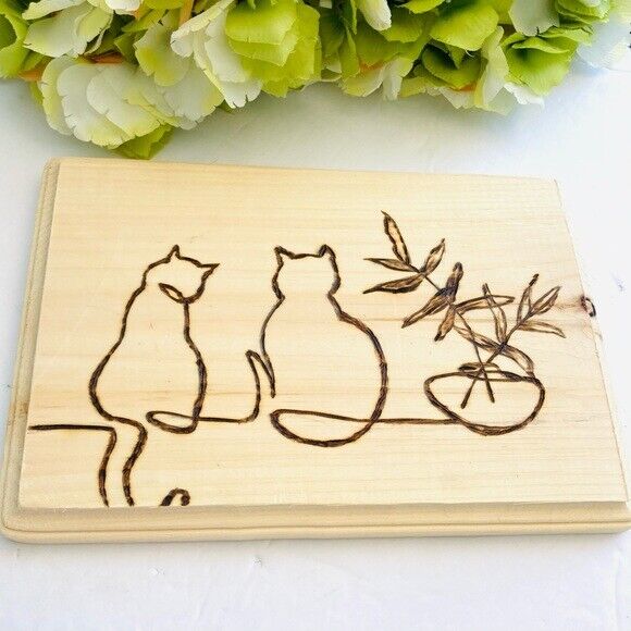 Wood burned Pyography feature cats w plant minimalism modern art