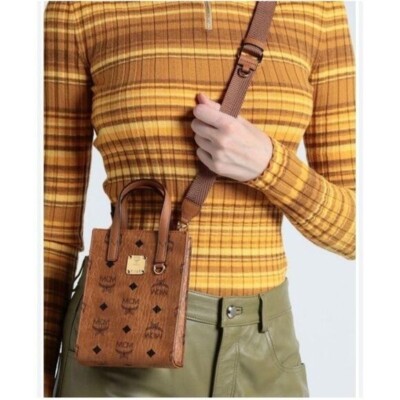 $650 MCM Unisex Aren X-Mini Crossbody Tote in Visetos Cognac