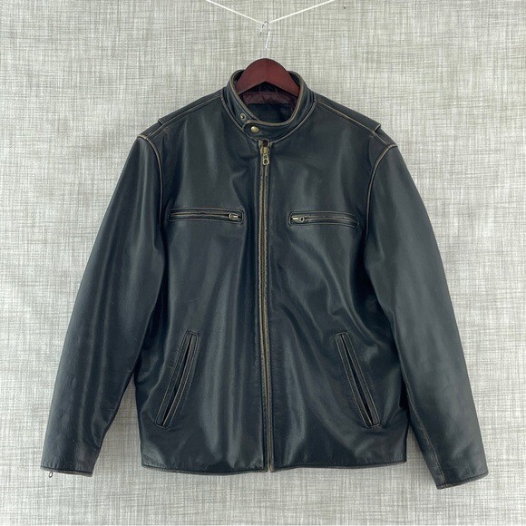 Golden Bear Medium Distressed Black leather moto jacket band collar c112
