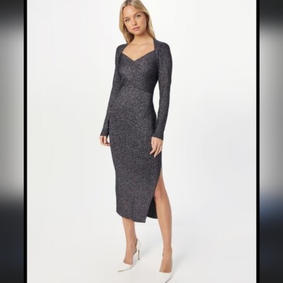 TED BAKER Black Silver Metallic Tabytha Stretch Knit Cross Over Slit Dress