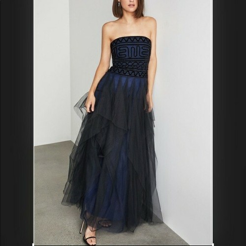 Pre-owned Bcbgmaxazria Strapless Embroidered Lace Evening Gown Tulle Navy And Black Sz 8 In Blue