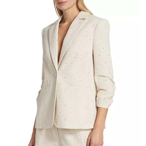 Pre-owned Cinq À Sept - Cinq A Sept 'khloe' Rhinestone Seersucker Blazer, White/plaster - Size 4