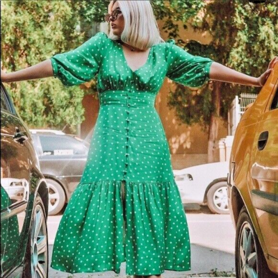 ZARA GREEN WHITE POLKA DOT 3 4 PUFF SLEEVE SUMMER MIDI DRESS SIZE