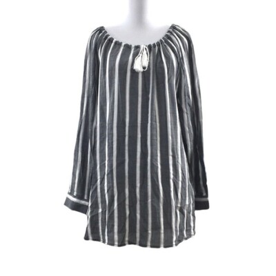 Tommy Hilfiger Gray White Striped Tassel Boho Top Womens Small LS Peasant