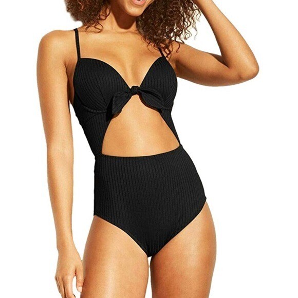 DIMENSIONAL RIBBON SWIM WEAR ♡ AMERI Shade & Shore One Piece Swimsuit Womens 36B Black Stretch