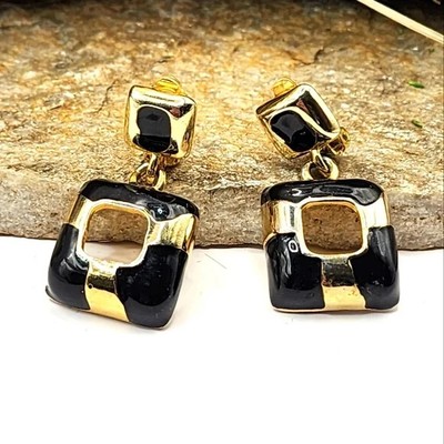 Vtg 80's Drop Black Enamel Earrings Clip-On Square Gold Tone Statement Fashion