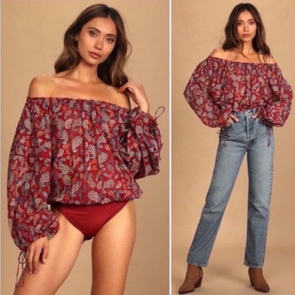 Intimately FREE PEOPLE Красное боди с узором пейсли Sundown, блузка с длинными рукавами, M = 8/10