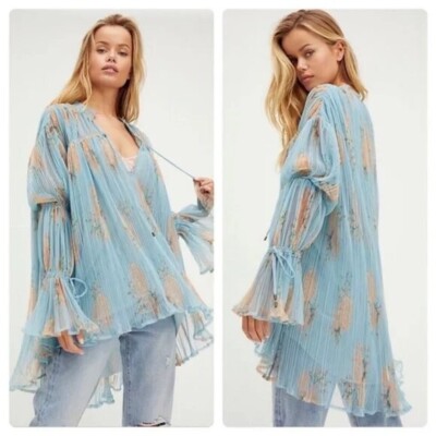 NWT FREE PEOPLE $128 Blue Floral Tie Bell Sleeve Sheer Tunic Blouse Oversized S