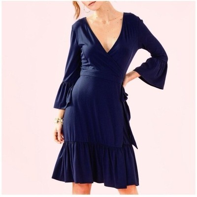 Lilly Pulitzer Dress Womens Small Misha Navy Blue Ruffled Wrap Dress New