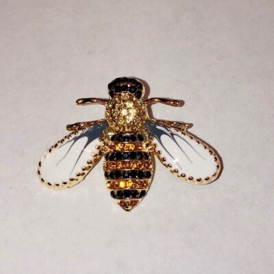 Queen Bee Gold Crystal Rhinestone Brooch Pin Black Honey Bumble Insect Bug