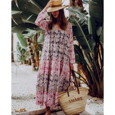 Zara Voluminous Floral Patchwork Tiered Maxi Dress Pink Boho Size S