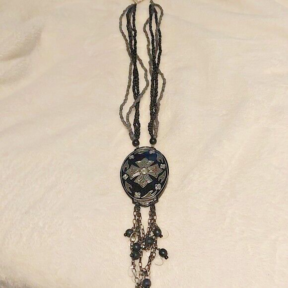 Gray and black beaded 3" tribal pendant necklace with dangling wood beads NWT