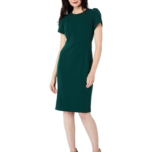 Calvin Klein Elegant Womens Tulip Short Sleeve Green Crepe Sheath Dress size 14