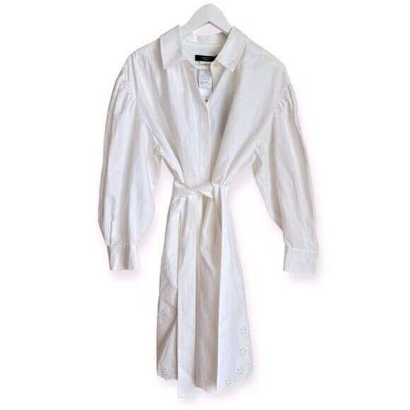 Pre-owned Max Mara Corinto Linen Blend White Button Down Belted Shirt Dress Size L
