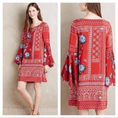 Anthropologie Vanessa Virginia Floral Silk Dress 10P Boho Bell Sleeves Red Art