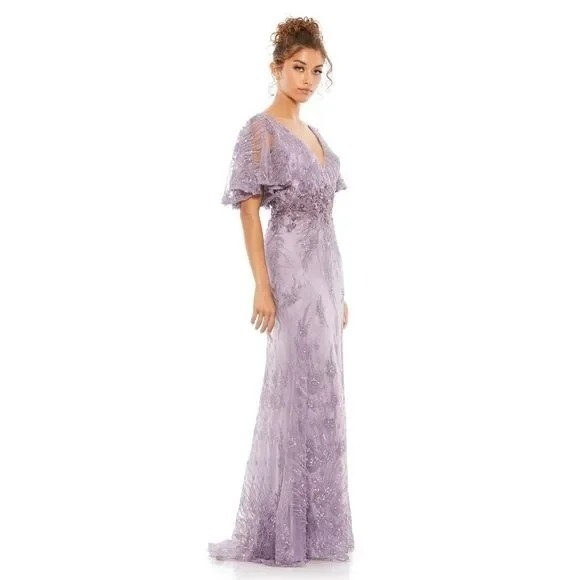 Pre-owned Mac Duggal Vintage Lilac Flutter Sleeve Evening Gown Maxi Dress Size 8 67493 In Purple