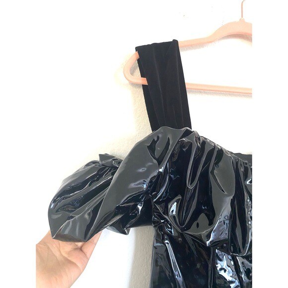 Pre-owned Sandra Mansour Faux Patent Leather Ruffled Dress Size 38 (us4) Run Small In Black