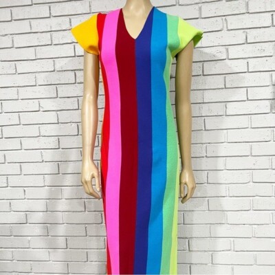 Christopher John Rogers Striped Cap-Sleeve Midi-Dress - Size Medium