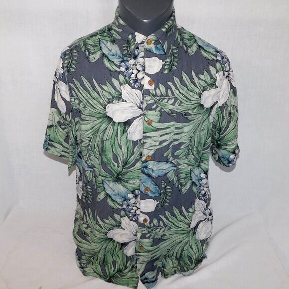 Vintage Silk Mens M Gray Green White Floral Hawaiian Silk Linen Blend Shirt