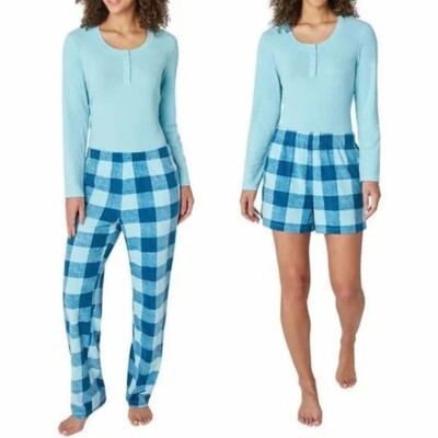 NEW Eddie Bauer Women M 3-Piece Waffle Fleece Sleep Set Blue Henley Shorts Pants