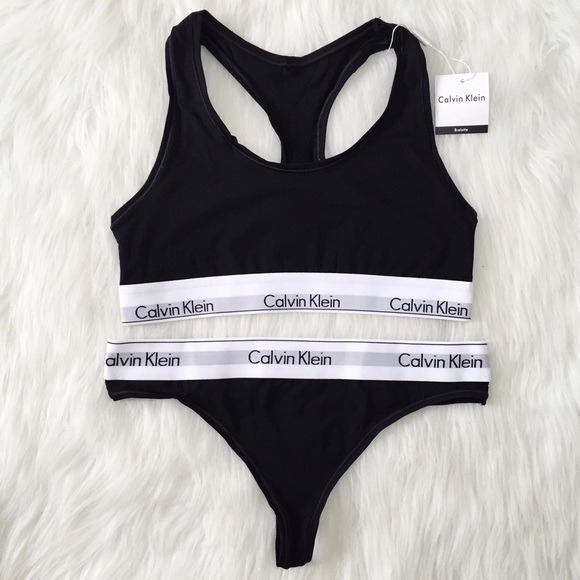 Calvin Klein Underwear Set Crop Top Sports Bra And Thong Black Size 10