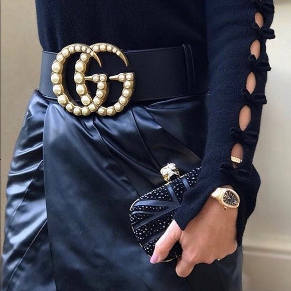Wide Black leather belt with pearl Double G | Size 36 90 cm