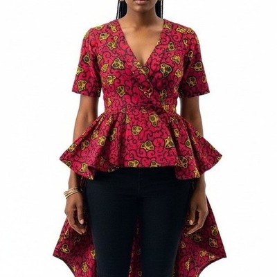 Vibrant African Print Peplum Wrap Top Women Size S Short Sleeve High Low
