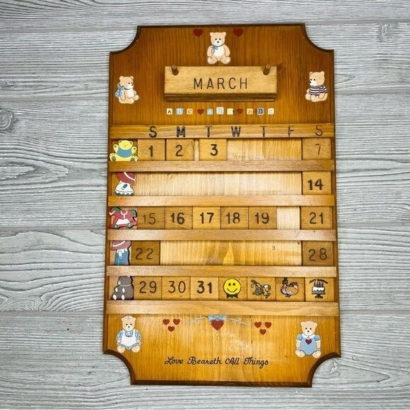 Vintage Wood Hand Made Perpetual Wall Calendar w/ bears and hearts missing parts