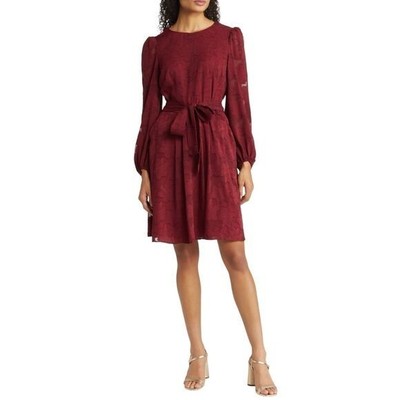 Eliza J Floral Burnout Fit & Flare Dress Long Sleeve Wine, New w/ Tags, Size 2