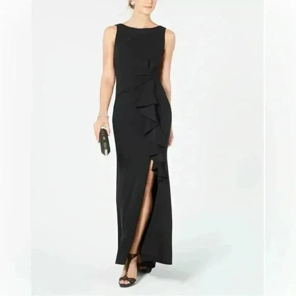 Betsy & Adam Black Ruffle Bow Trumpet Gown Size 10P $229