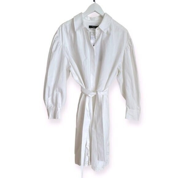 Pre-owned Max Mara Corinto Linen Blend White Button Down Belted Shirt Dress Size L