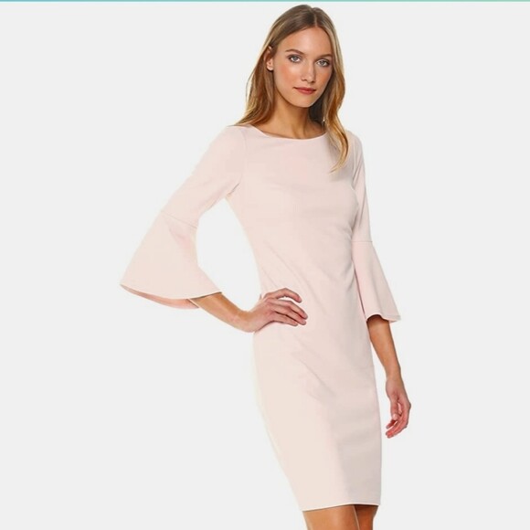 

Новое изысканное розовое платье-футляр с рукавами-колокольчиками CALVIN KLEIN, размер, Розовый