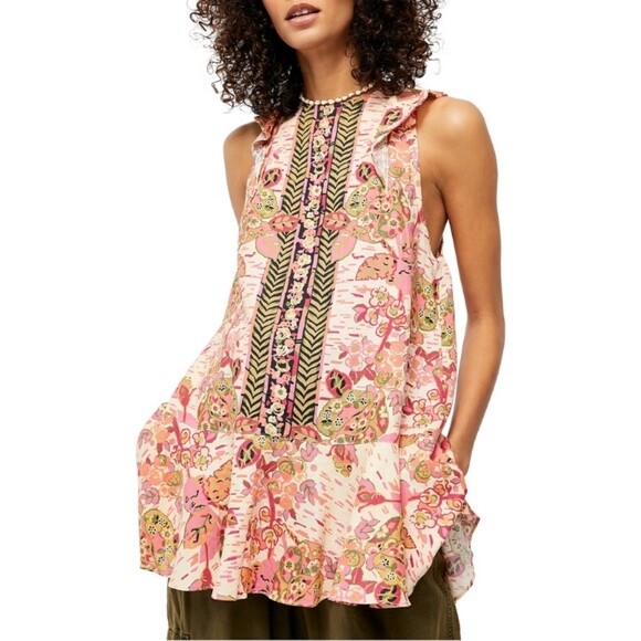 Free People 252976 Womens Summer Tulum Tunic Top Pink Combo Size M