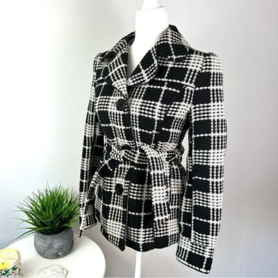 Me Jane jacket women small Textured Plaid Belted jacket Black White Buttons