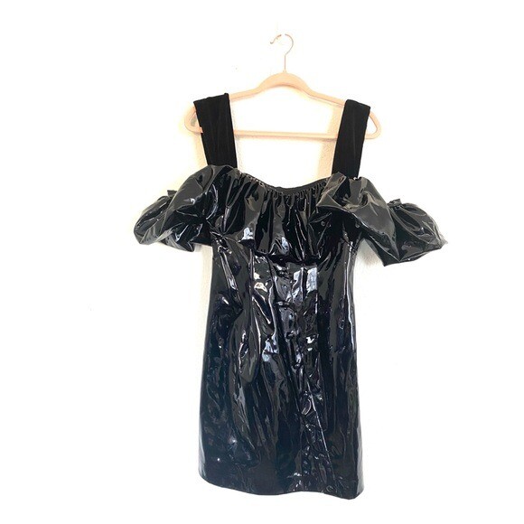 Pre-owned Sandra Mansour Faux Patent Leather Ruffled Dress Size 38 (us4) Run Small In Black