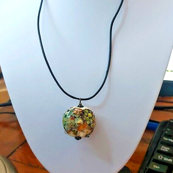 Hand blown Murano art glass pendant on rope 25" long