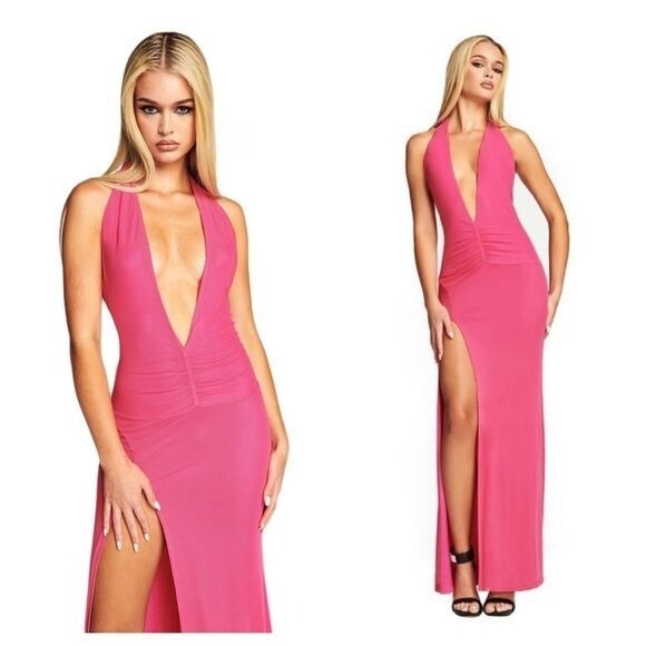 I AM GIA / Iamgia AOIFE hot pink plunge halter ruched DRESS