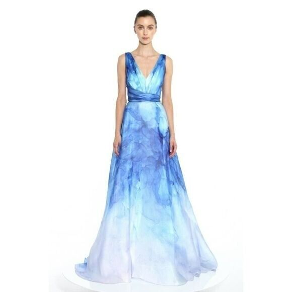 Pre-owned Marchesa Notte V-neck Printed Organza Gown Us2 In Blue