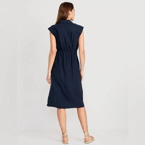 

Платье-рубашка миди Old Navy Темно-синее с закругленной талией, размер, Синий