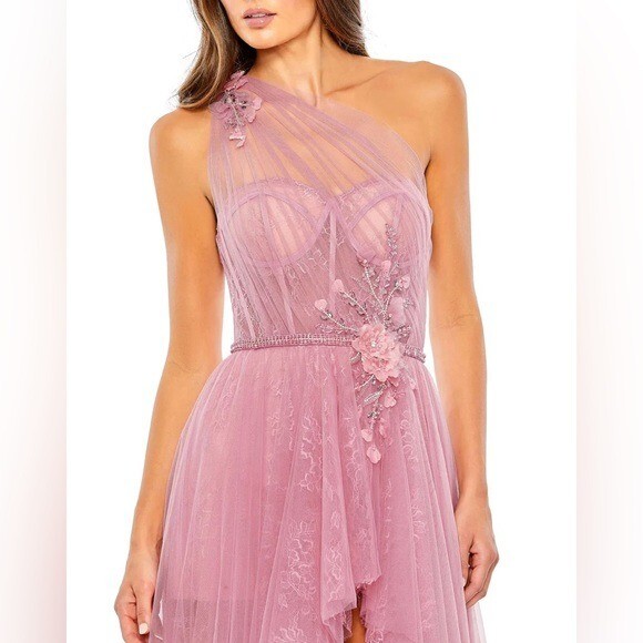 Pre-owned Mac Duggal 50661 Embellished Tulle One Shoulder High Low Gown Size 10 Rose In Pink