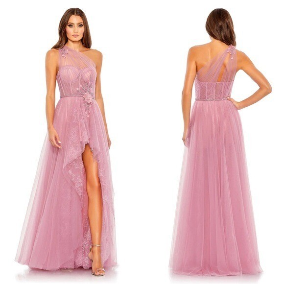 Pre-owned Mac Duggal 50661 Embellished Tulle One Shoulder High Low Gown Size 10 Rose In Pink