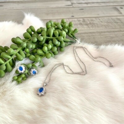 Blue and Clear Rhinestone Necklace & Earrings Set Silver Tone Chain
