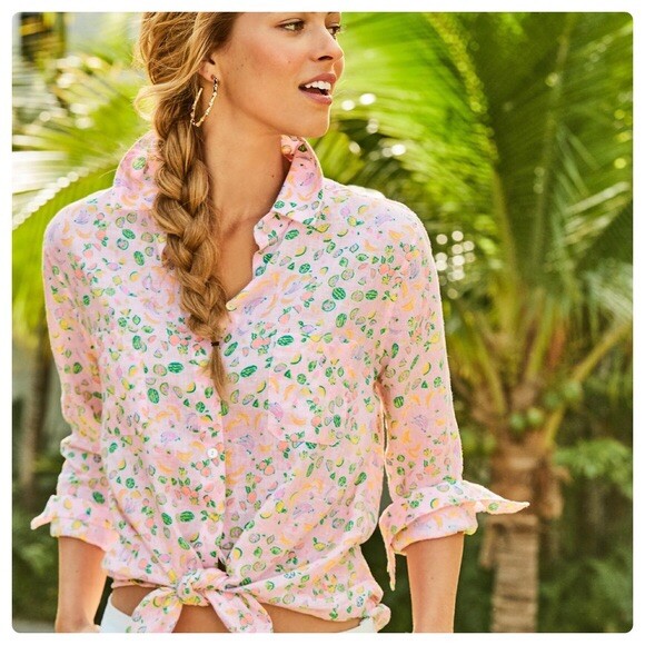 Lilly Pulitzer Women's Sea View Button Down Linen Top Urchin