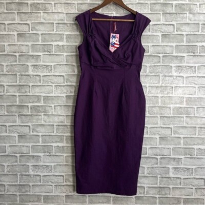 Pin Up Couture Dark Purple Rockabilly Stretch Tight Plunging Neckline Dress LRG