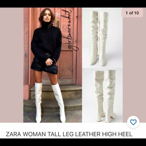 ZARA Ecru Off White Tall leather knee high Boots slouch