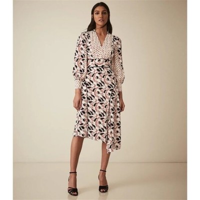 Reiss Emmi Floral Print Side Slit Asymmetric Midi Dress Red Multi Size 6