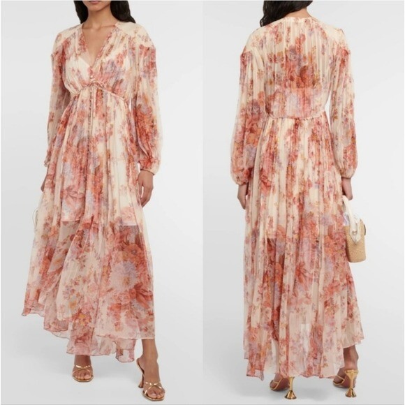 Zimmermann Devi Gathered Yoke Long Sleeve Chiffon Maxi Dress