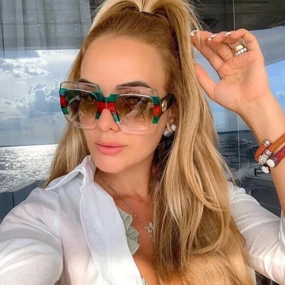 Pre-owned Gucci Gg0178s 001 Crystal Green Red Multicolor Square Sunglasses Authentic 54mm