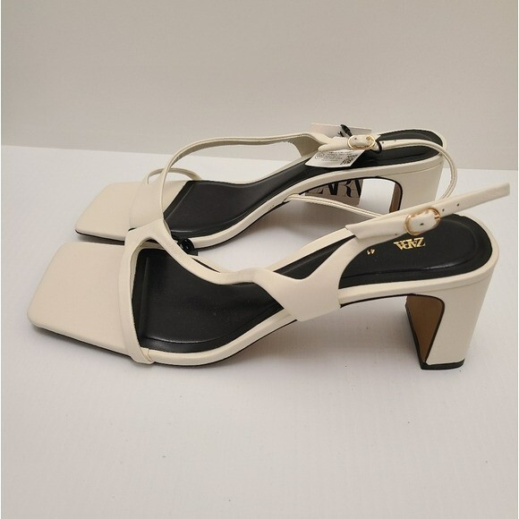 ZARA LEATHER SANDALS WITH BLOCK HEEL White SIZE 10| 1335/110