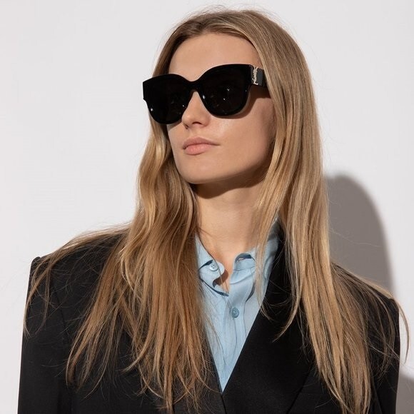 Pre-owned Saint Laurent Slm95/f 001 Black Grey Oversized Cat Eye Women Sunglasses In Gray